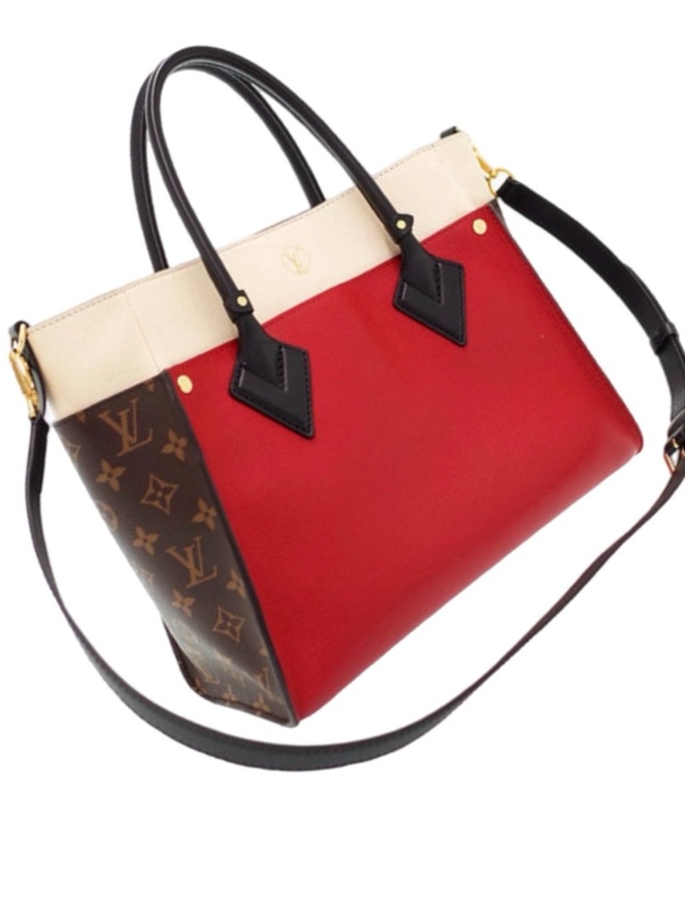 Authentic Louis Vuitton On My Side MM Red Calf Leather Monogram Tote Shoulder Ba - Picture 2 of 13